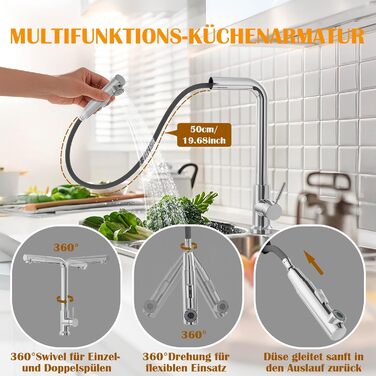 Змішувач кухонний висувний з душем, 360° поворотний, 2 режими розпилення, високий тиск, нержавіюча сталь (срібло)