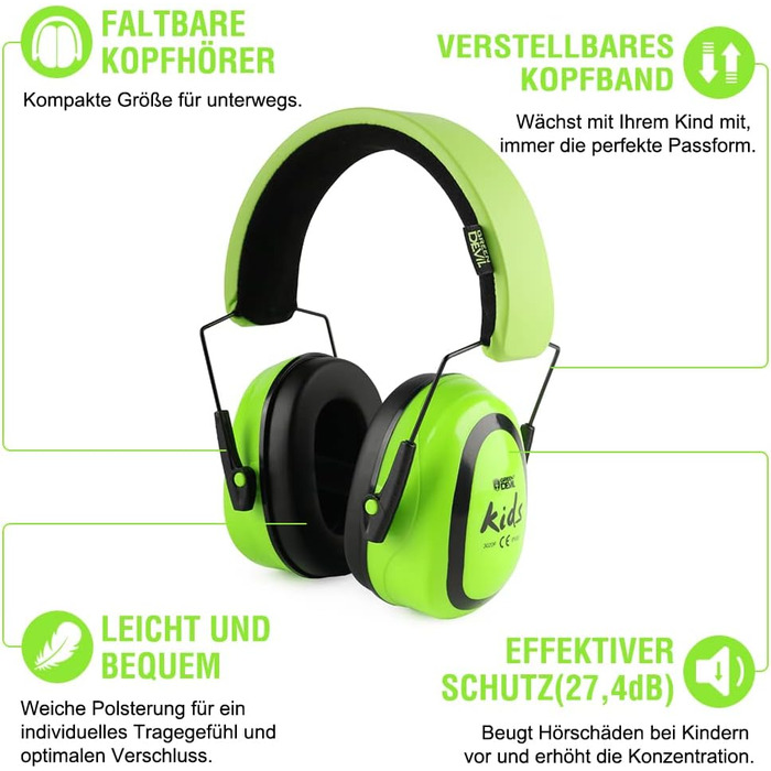 Навушники для захисту від шуму Green Devil для дітей 3-16 років (SNR27.4) - комфортні, складні, для школи, навчання, концертів, фестивалів