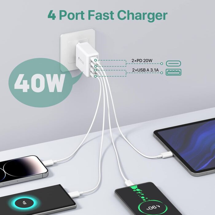 Блок зарядки USB C 40W з 4 портами: швидка зарядка PD+QC для iPhone, Samsung, Tablet (білий)
