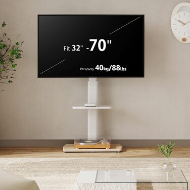 Підставка для телевізора FITUEYES біла з дерев'яною основою, регульована по висоті та поворотна, для телевізорів 32-70 дюймів (плоских та curved), до 40 кг, VESA 600x400