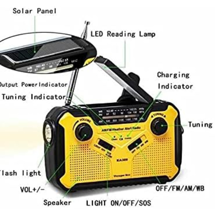 Радіо Kaito Voyager ECO з сонячною панеллю та ручним генератором, AM/FM/NOAA, LED-ліхтарик, USB-зарядка для телефону