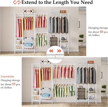 Важкий металевий вішак для одягу, розширюваний відкритий гардероб з 2 висувними кошиками, (249-297) x 40 x 192 см, білий