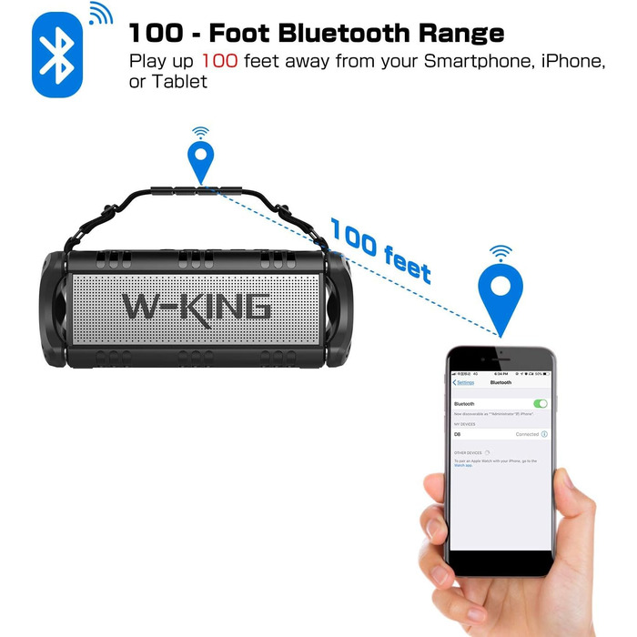 W-KING Портативна Bluetooth Колонка 90W з Глибоким Басом, 40 годин роботи, IPX6 Водостійкість, Powerbank, TF-карта, NFC, AUX, BT 5.0, EQ, для Outdoor, Зелений (Чорно-Білий)