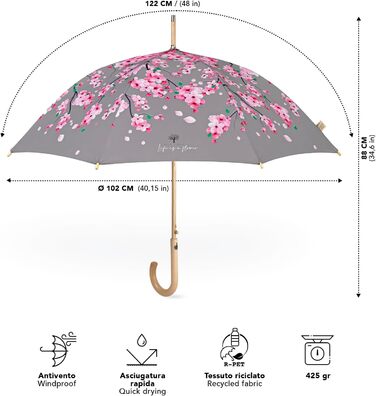 PERLETTI Green Eco Women's Umbrella - Large Automatic Rain Umbrella with Recycled Materials & Cherry Blossom Design