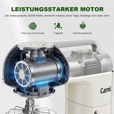 Кухонний комбайн-міксер Camic 2000W, чаша з нержавіючої сталі 7л, 10 швидкостей, набір насадок та захист від бризок, білий