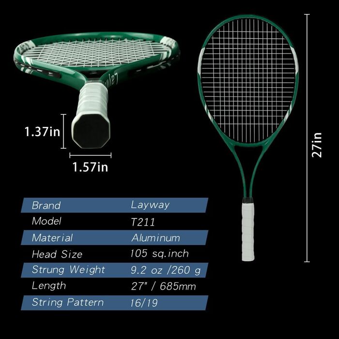 Beginner Tennis Racquet Set for 2 Players - Pre-Strung 27 Inch Adult Racquets with Balls, Overgrips & Carry Bag