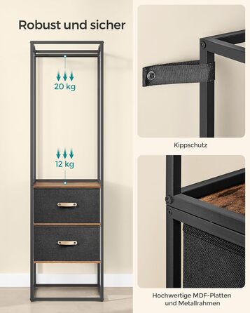 SONGMICS Clothes Rack, Open Wardrobe, Sturdy Coat Rack with 1 Extendable Rod, 2 Drawers, 4 Shelves, for Bedroom, Space-Saving, RGR003W67 (Vintage Brown)