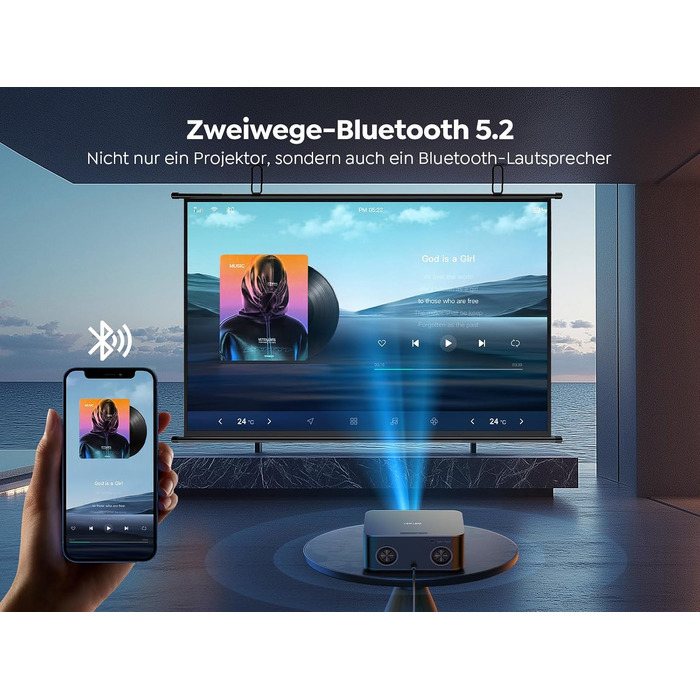 Смарт-проектор Toptro 4K Home Cinema, 1500 ANSI люмен, Full HD 1080p, Netflix, Dolby Audio, двосторонній Bluetooth, WiFi, AI-автофокус та корекція трапеції, для дому та вулиці, чорний