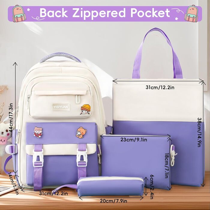 Шкільний рюкзак Tanou для дівчаток 4-в-1 (рюкзак, пенал, сумка для плеча, сумка для підручників), 3-7 клас, стильний дизайн, фіолетовий