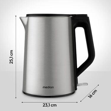 Електричний чайник Medion MD12105 з нержавіючої сталі, 1.5 л, 2200 Вт, з функцією підігріву та LED-індикатором, сріблястий