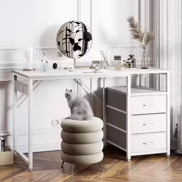 ODK Desk with 3 Fabric Drawers, Computer Desk with 2 Sockets and USB Ports, Reversible PC Desk Office Desk for Home Office (White, 120x48x75.5 cm) 120x48x75.5cm White