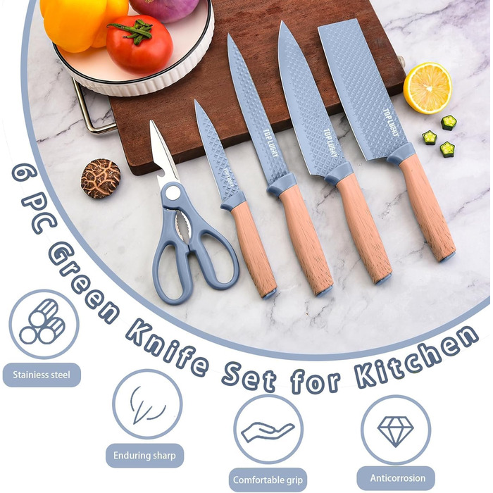 Набір кухонних ножів, 6 предметів: гострі ножі з нержавіючої сталі з антипригарним покриттям, набір для кухні з підставкою (блакитний)