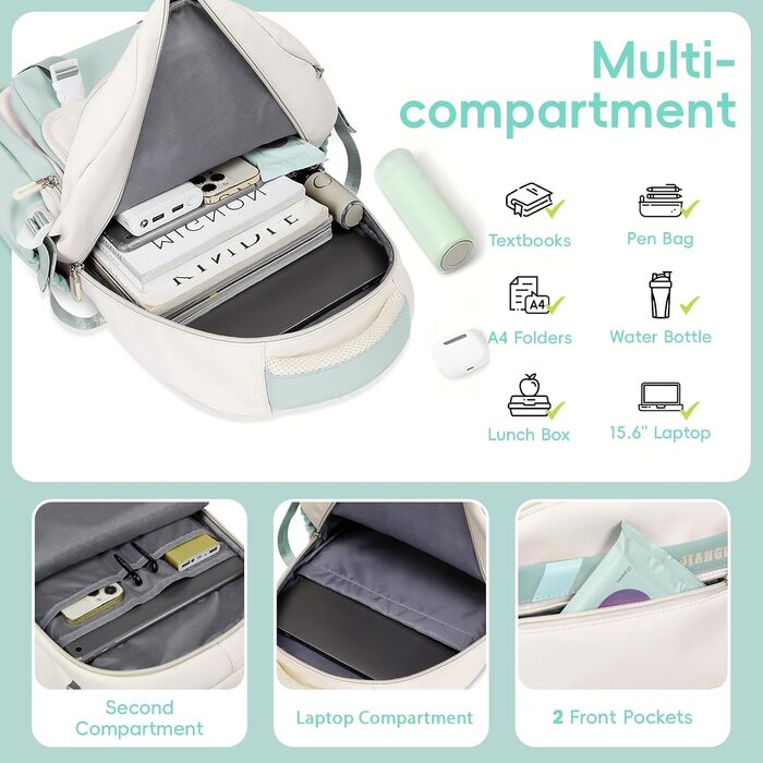 Шкільний рюкзак Tanou для дівчаток-підлітків: набір з рюкзаком, сумкою через плече та пеналом. Зелений шкільний рюкзак для дітей.