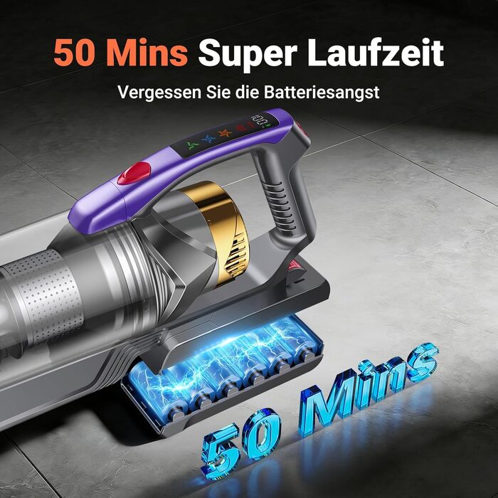 Бездротовий акумуляторний пилосос 58KPa/550W з LED-дисплеєм та антизаплутана щітка, 1.8L, для тварин, килимів, твердих поверхонь та авто, сірий & золотий