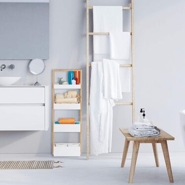 Relaxdays 10031461 Badregal, 4 Shelves, Bamboo & MDF, Bathroom Storage, Slim Shelf HWD 88x30x18 cm, White/Natural