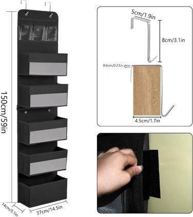 Організатор для дверей, підвісний, з 5 кишенями, з гачками, для ванної кімнати, шафи, кемпінгу, 150x36.5x14 см (Чорний)