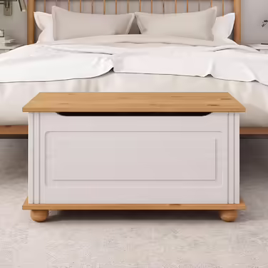 IDIMEX Chest Bench Bristol, Bench Bank Wooden Bench Trunk in Country House Style with Pinch Guard, Solid Pine, White/Brown Lacquered