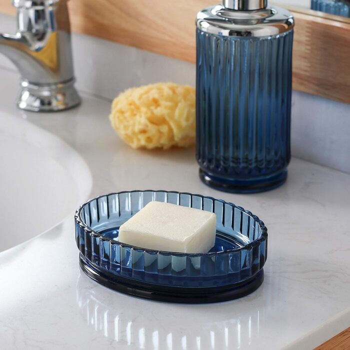 4-Piece Glass Bathroom Accessories Set with Decorative Embossed Pattern, including Hand Soap Dispenser, Cup, Soap Dish, and Toothbrush Holder, Blue-Green (Blue)