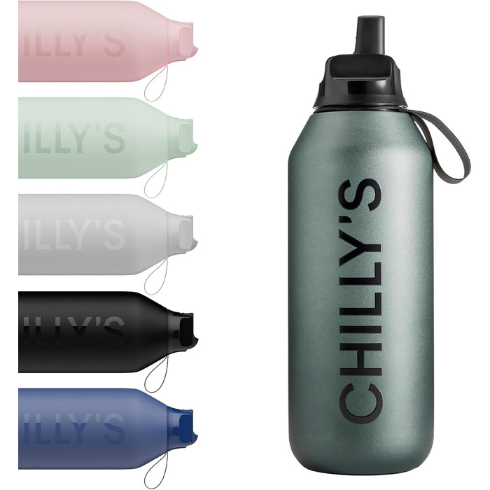 Chilly's Series 2 Flip Bottle - Thermos flask with sports cap, telescopic straw and nylon carry loop - stainless steel bottle with Easy Flip opening, straw cleaning brush included (Ombre - Slate, 500 ml)
