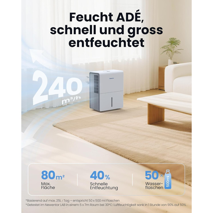 Електричний осушувач повітря Newentor 25L для дому, підвалу, 215 м³/80 м², з таймером, фільтром, шлангом, гарантія 10 років