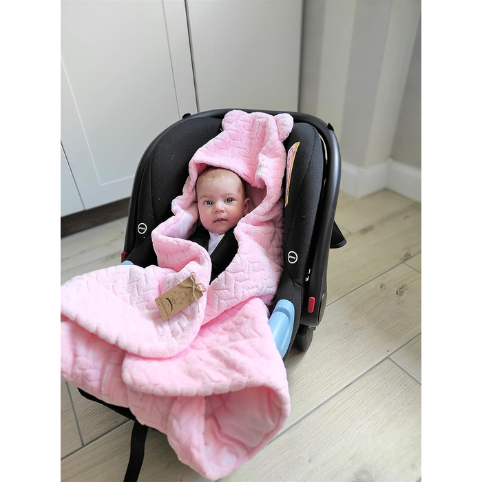 Універсальна дитяча ковдра Bo DANKA для автокрісла, коляски та Maxi Cosi, 80x80 см, з капюшоном і липучкою, для новонароджених, всесезонна, рожева