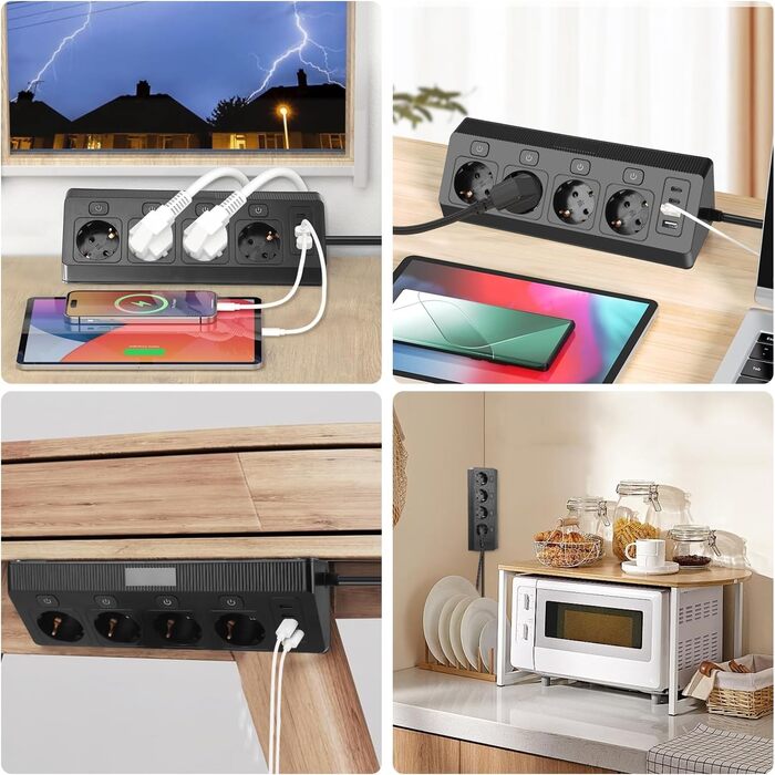 Багатофункціональна мережева розетка на кут 4-портова з USB та Type-C, захист від перенапруги, 2м кабель, для дому, білого/чорного кольору