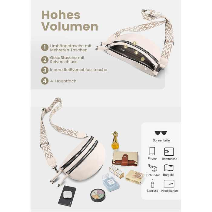 Жіноча сумка через плече FerLord з широким ременем, поясна сумка (бананка) з 3 відділеннями, стильна сумка-мішечок з PU шкіри, бежевий колір