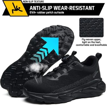 Черевики робочі чоловічі/жіночі, спортивні, дихаючі, анти-удари, зі сталевим підноском, шнурівка, швидка застібка, поворотний замок, 46 EU, чорні