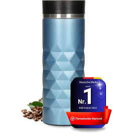 Термокружка Diamond з нержавіючої сталі 450 мл, Aquamarin Blue, з кнопкою, без BPA, витримує гарячі та холодні напої, витікання захищено, матова блискуча поверхня