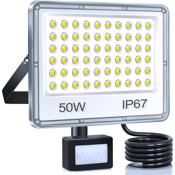 LED Floodlights with Motion Sensor Outdoor 100W 2 Pack, 10000LM LED Spotlights with Motion Sensor, 6500K Cool White Outdoor Floodlights, IP67 Waterproof Floodlights for Warehouse Garden Garage (50W-1PC)