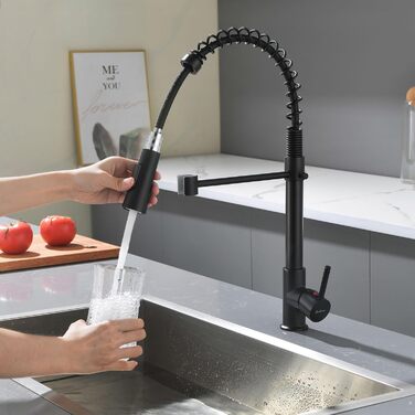 Чорний кухонний змішувач з витяжною лійкою, 360° поворот, 2 режими, нержавіюча сталь