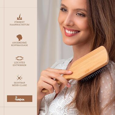 Дерев'яна щітка для волосся Lampox з щетиною кабана: масаж голови, догляд за волоссям, розчісування для довгих волосся та кучерявого волосся, для жінок, чоловіків та дітей