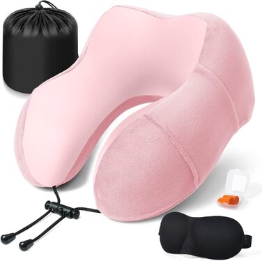 Подушка для шиї у літак - подушка для подорожей Memory Foam, ергономічна форма - подушка для шиї з маскою для сну, навушниками, сумкою - ідеальна для літака, подорожей, офісу, дому Рожева