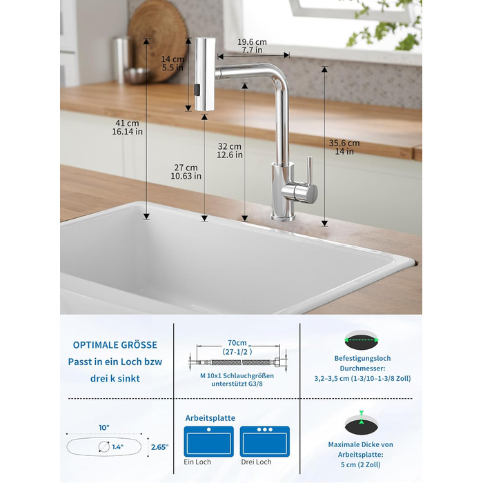 Кухонний змішувач Schwarz Waterfall з висувною лійкою та 3 режимами струменя, поворотний на 360°, з гальванічним покриттям сріблястого кольору