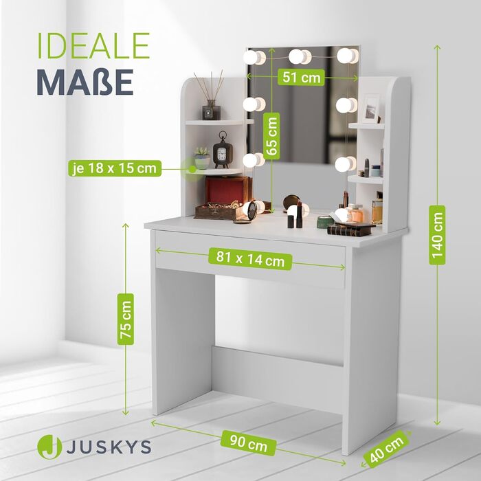 Туалетний столик Juskys Zoey з LED підсвіткою, дзеркалом, шухлядою, 3 відділеннями та шафкою, 90x38x137 см, білий, дерев'яний косметичний стіл