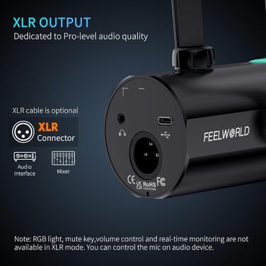 FEELWORLD PM1 Динамічний мікрофон XLR/USB з RGB-підсвічуванням для запису подкастів, геймінгу та YouTube. Комплект з підсвічуванням, навушником, підставкою та XLR-кабелем