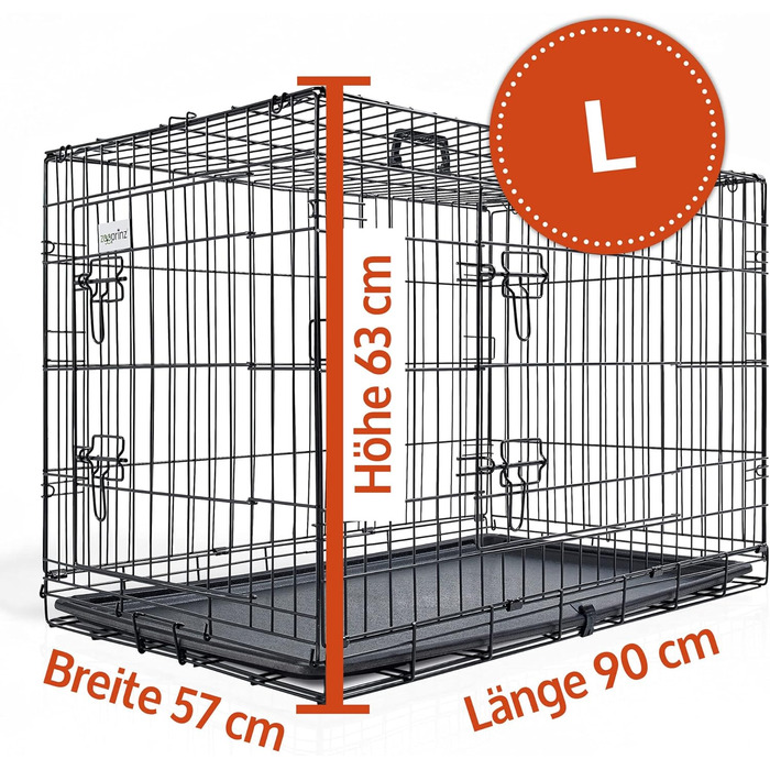Складана переносна собача будка Zooprinz з міцної сталі – клітка для собак з 2 дверцятами, піддон, ручка для транспортування, 4 розміри (92,5 x 57,5 x 64 см)