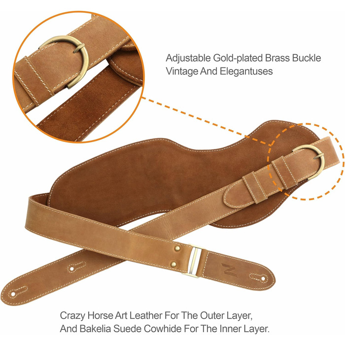 Гітарний ремінь Nefelibata з повномісної шкіри, 2' з кишенею для медіатора, для бас-, електро- та акустичної гітари, з медіаторами, кнопками та замками (Star Black) (Vintage Latte Brown)