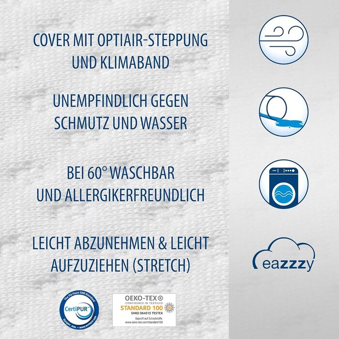 Genius Eazzzy Topper Classic 90x200cm Height 7 cm H2 H3 - orthopedic mattress topper for mattress & box spring bed made of gel foam | Mattress topper 90x200 for allergy sufferers + cover