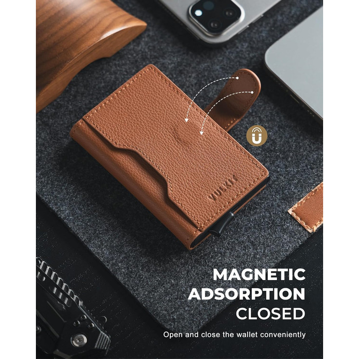 Чоловіче картхолдер VULKIT з RFID блокуванням, шкіряний, на 3 картки та віконце для ID, з магнітною застібкою, червоний (справжня шкіра Litchi)