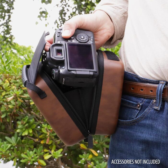 Чохол для DSLR-камери USA Gear з жорсткою обшивкою, захистом Eva, швидким доступом, м'яким інтер'єром та гумовим руків'ям (колір коричневий, веганська шкіра)