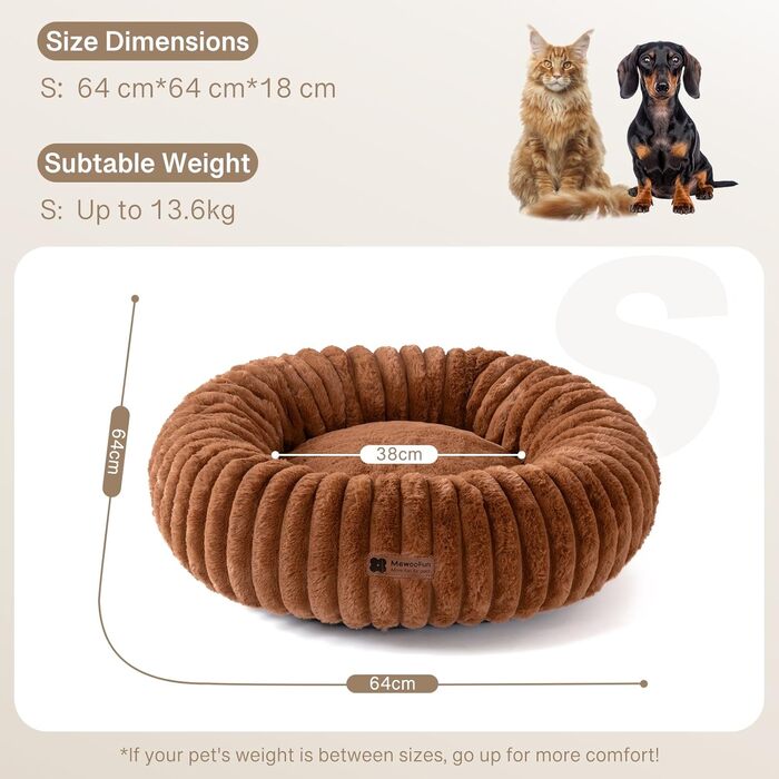 Кругле м'яке ліжко для собак MEWOOFUN, коричневе, 64x64x18 см - зручне та антиковзне ліжко для маленьких собак та цуценят