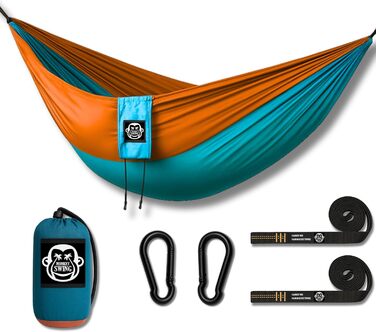 Ultralight Hammock including Carabiners & Heavy-Duty Straps (holds up to 220 kg, 275 x 140 cm) – ideal for camping, outdoor activities, trekking & as a travel hammock (Turquoise/Orange)
