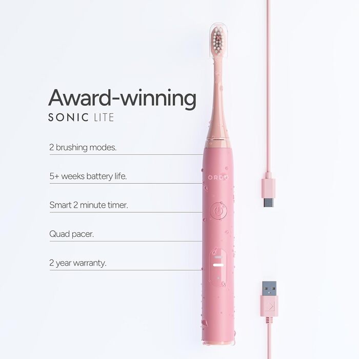 Електрична зубна щітка Ordo Sonic Lite Blütenrosa - 35 000 імпульсів/хв, 2 режими, до 5 тижнів роботи, USB-C, водонепроникна, для дорослих