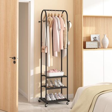 Robust Clothes Rack with Wheels, Modern Clothes Rack with 3 Metal Shelves, 180 cm Display Stand for Hanging Clothes, Clothes Rail for Small Room, Black