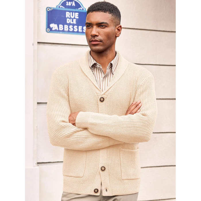 Чоловічий в'язаний кардиган Runcati з коміром-шарфом, рельєфним візерунком, ґудзиками, для зими, великий, з кишенями (M, Бежевий)
