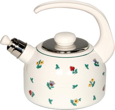 Riess, 0543-049, Kettle Plus, COUNTRY - GMUNDNER STREUBLUMEN, Diameter 18 cm, Height 21.7 cm, Capacity 2 Liters, Enamel, white with scattered flowers, Induction 2 liters scattered flowers