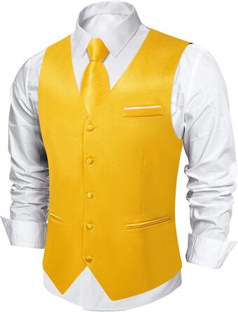 Костюм-жилет та краватка DiBanGu з атласу, 8 предметів, однотонний жилет та краватка з брошкою для смокінгу, весілля, формальних заходів (XL, жовтий)