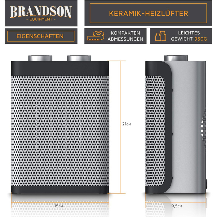 Електричний обігрівач Brandson: тихий, енергоефективний керамічний нагрівач з термостатом та захистом від перегріву. Ідеально для ванної, спальні, вітальні. Сертифікат GS безпеки.