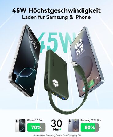 Повербанк INIU 10000mAh 45W з вбудованим кабелем USB-C, швидка зарядка, компактний зовнішній акумулятор для iPhone 17 16 Pro, Samsung S26 S25, Xiaomi, iPad, бежевий